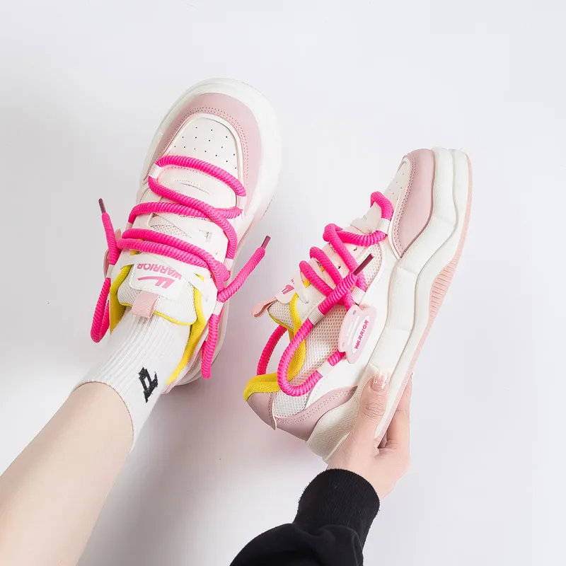 Warrior Height Enhancing Wear Resistant Lightweight Breathable Low Top Skateboard Shoes Women's Beige Pink-6