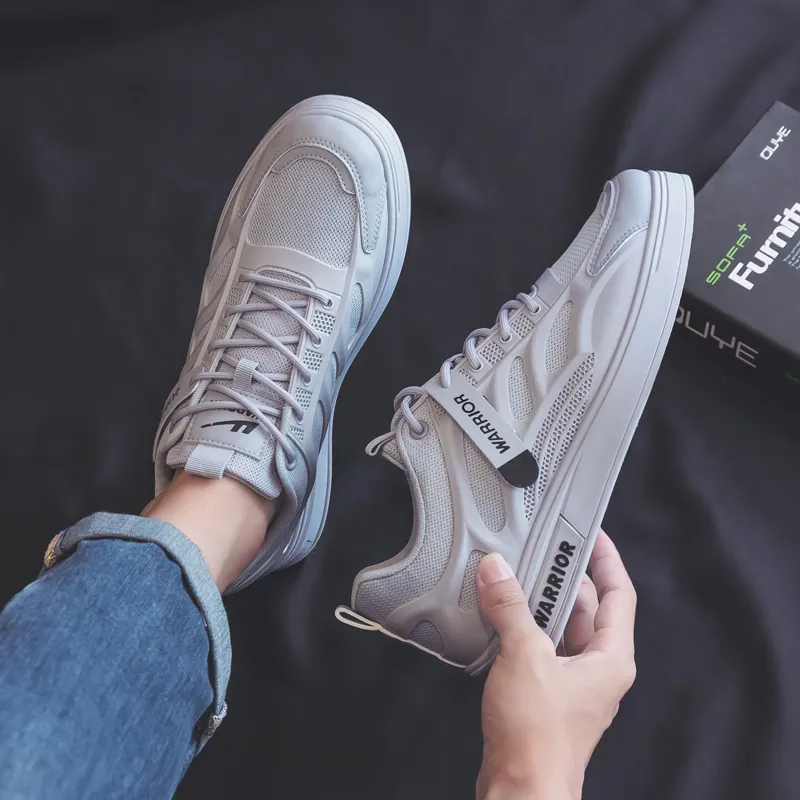 Warrior Mesh Surface White Sneakers Lightweight And Breathable Low Top Skateboard Shoes Men's Gray-5