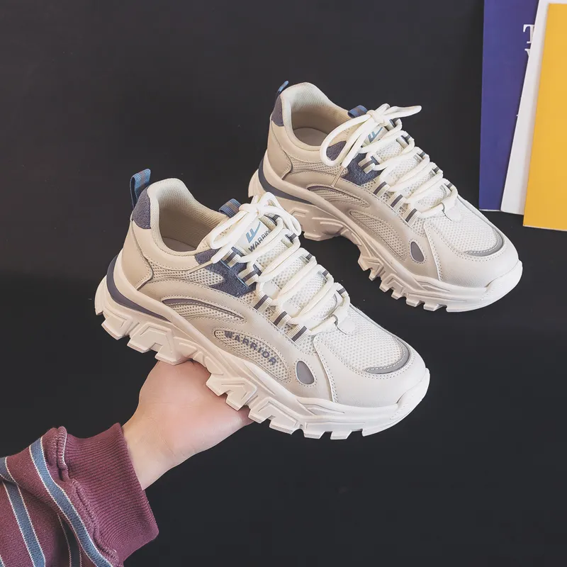Warrior Abrasion Resistant Breathable Height Increasing Low Top Chunky Sneakers Unisex Beige Blue-7