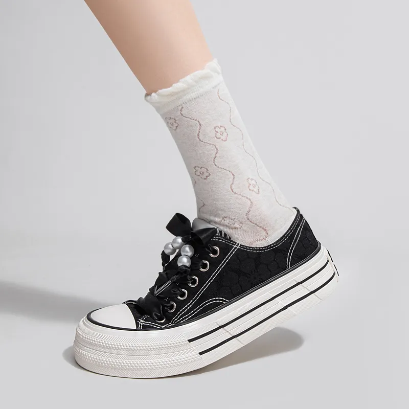 Warrior Platform White Sneakers Canvas Shoes Women's Black-9