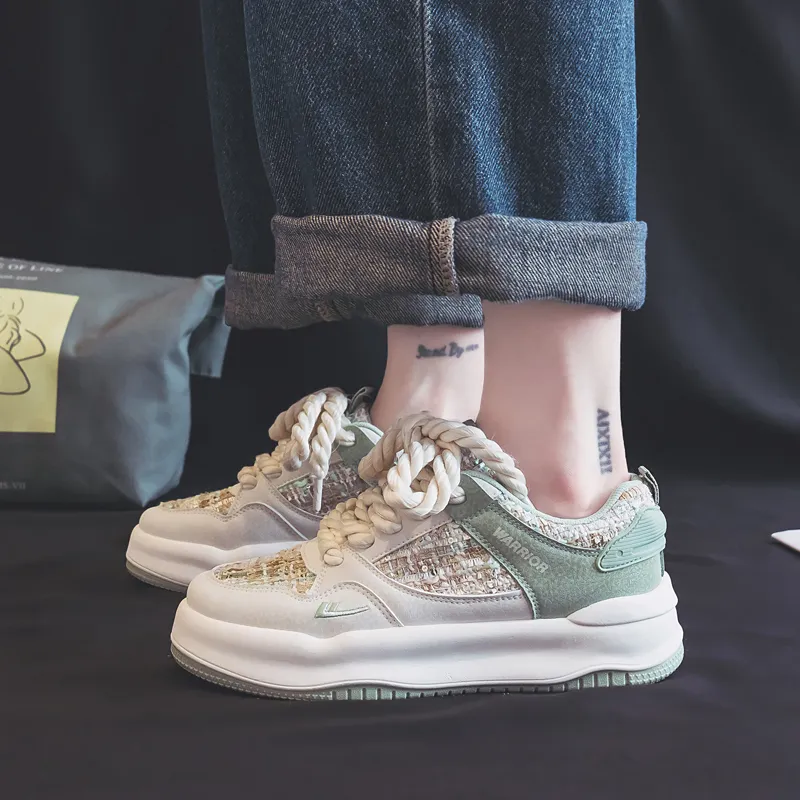 Warrior Chanel Inspired White Sneakers Wear resistant And Lightweight Low Top Skateboard Shoes Women's Beige Green-9