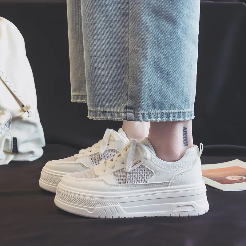 Warrior Student Platform White Sneakers Lightweight And Breathable Low Top Skateboard Shoes Women's Beige-7