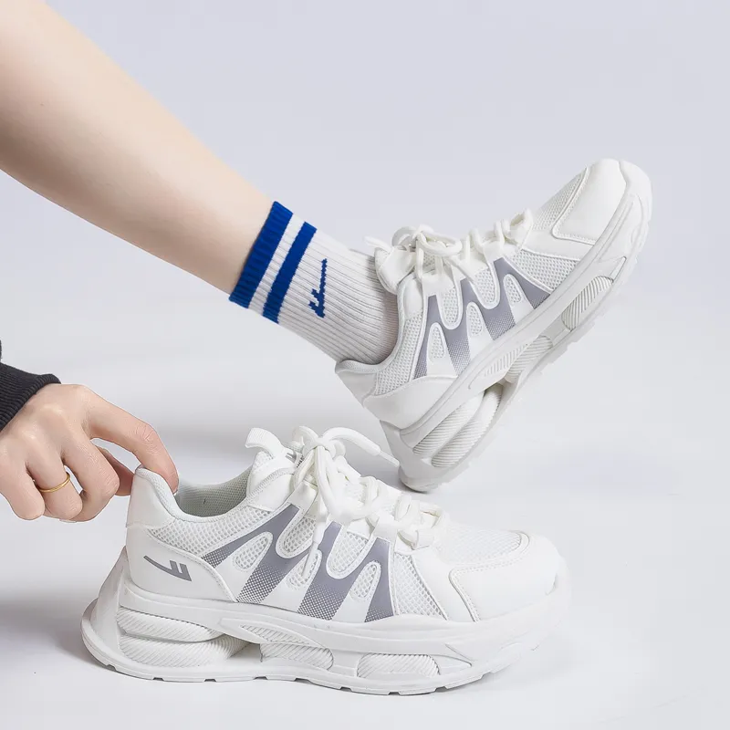 Warrior Students Platform Chunky Sneakers Lightweight And Breathable Low Top Casual Shoes Unisex White Silver-4