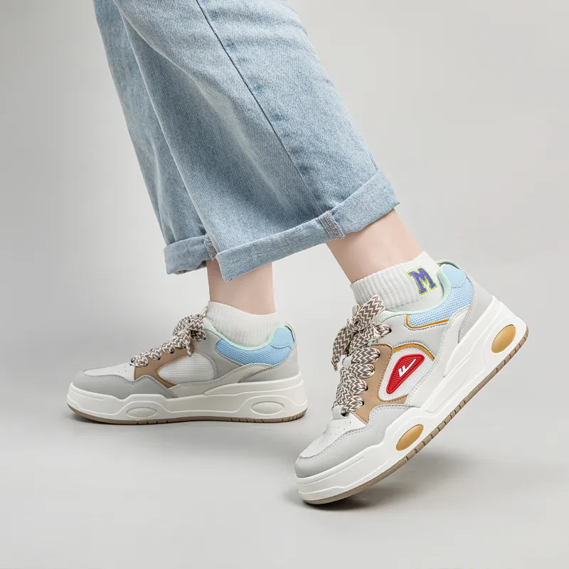 Warrior Preppy Style White Sneakers Wear resistant And Lightweight Low Top Skateboard Shoes Women's Beige Brown Blue-8