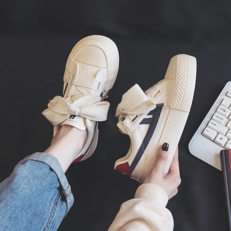 WARRIOR Canvas Shoes Women's Low Top Beige Dark Blue Red-5