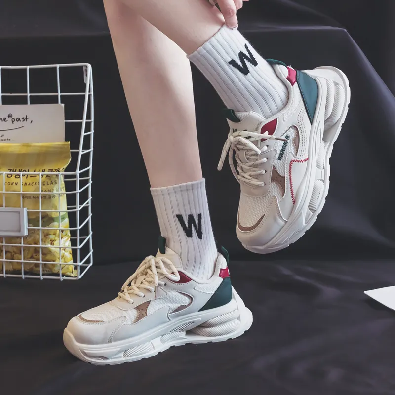 Warrior Students Platform Chunky Sneakers Wear resistant And Lightweight Low Top Casual Shoes Women's Beige Green Red-7