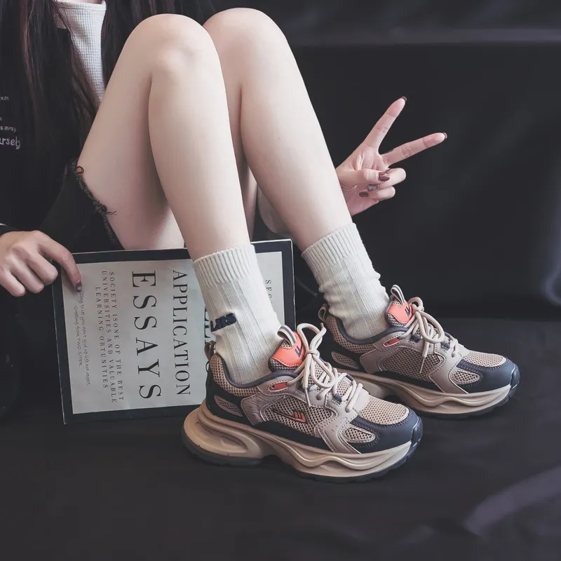 Warrior Students Elegance Platform Chunky Sneakers Lightweight Low Top Casual Shoes Women's Khaki Dark Gray-8