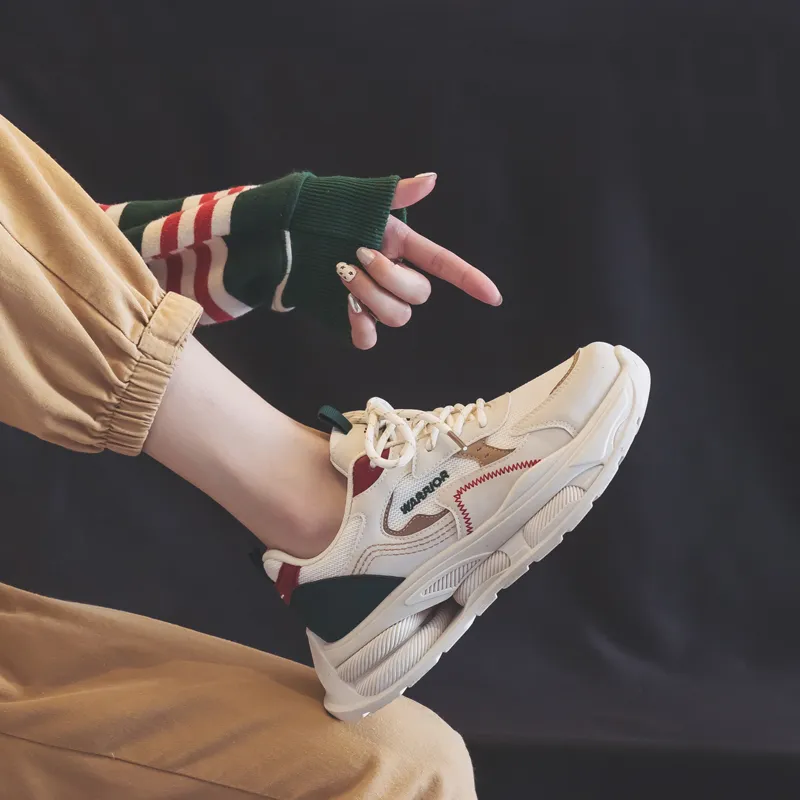 Warrior Students Platform Chunky Sneakers Wear resistant And Lightweight Low Top Casual Shoes Women's Beige Green Red-8
