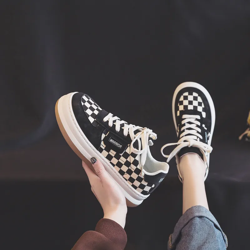 Warrior Checkerboard White Sneakers Lightweight Low Top Canvas Shoes Women's Beige Black-9