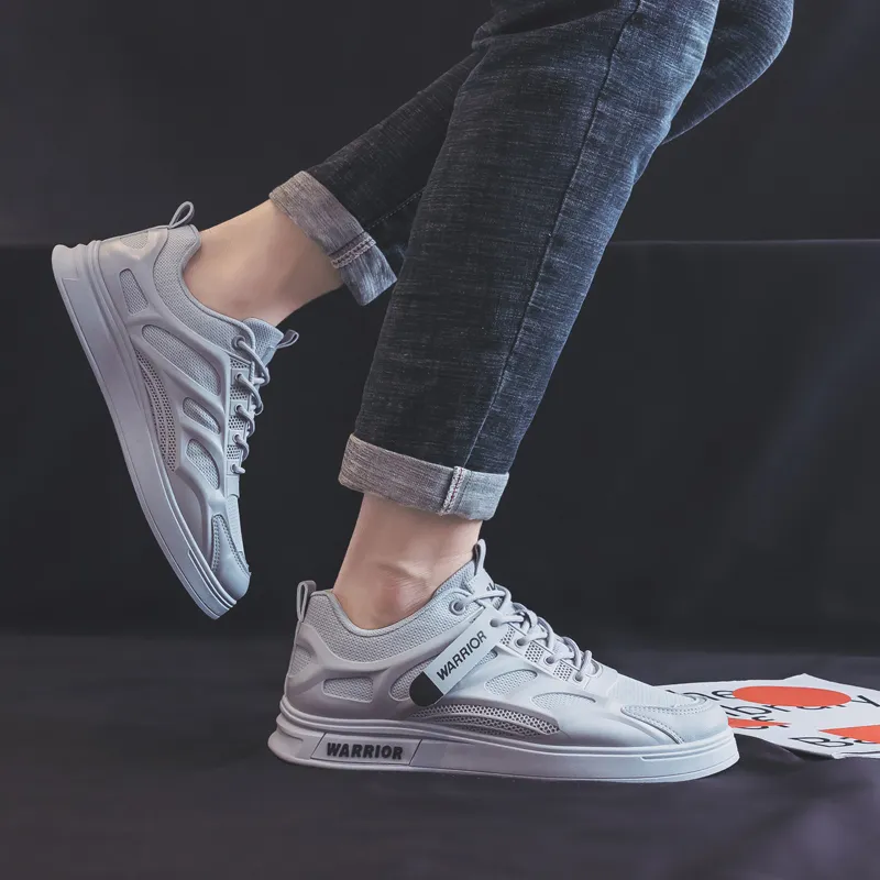 Warrior Mesh Surface White Sneakers Lightweight And Breathable Low Top Skateboard Shoes Men's Gray-9