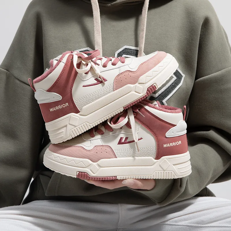 Warrior Fleece Lined Cotton Blend Warm Wear Resistant Lightweight High Top Skateboard Shoes Women's Beige Pink-6