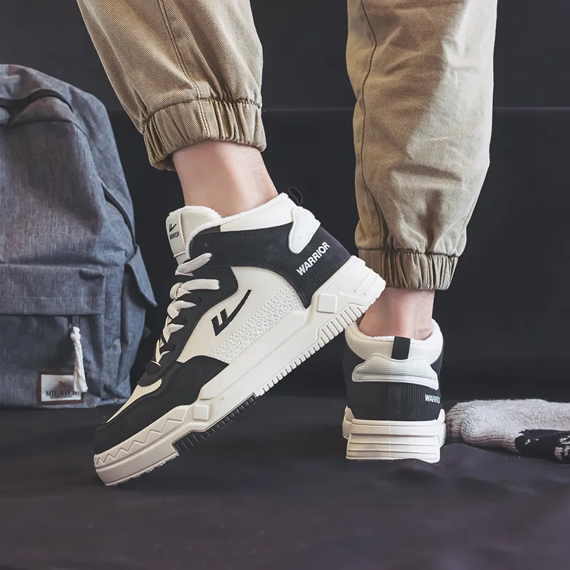 Warrior Thickened And Fleece-Lined Cotton Blend Warm And Lightweight High-Top Skateboard Shoes Unisex Black Beige-11
