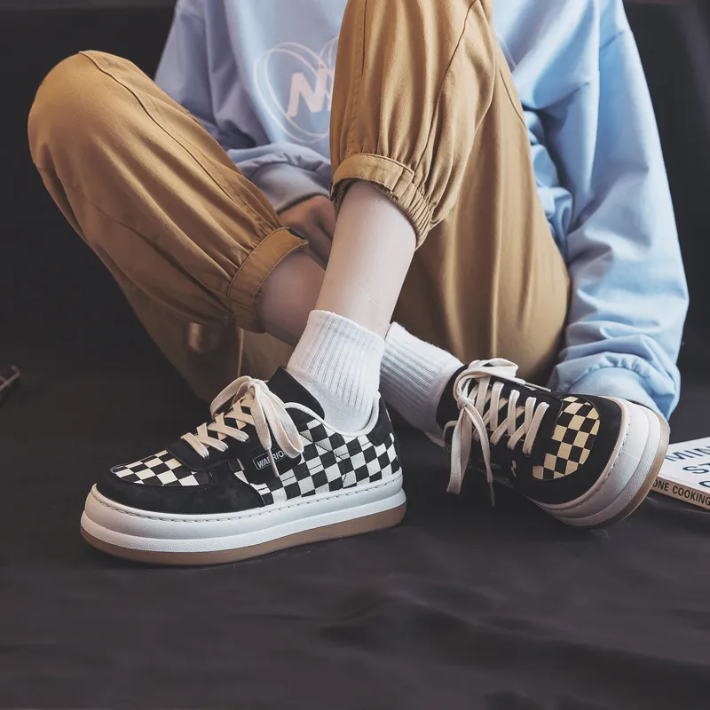 Warrior Checkerboard White Sneakers Lightweight Low Top Canvas Shoes Women's Beige Black-7