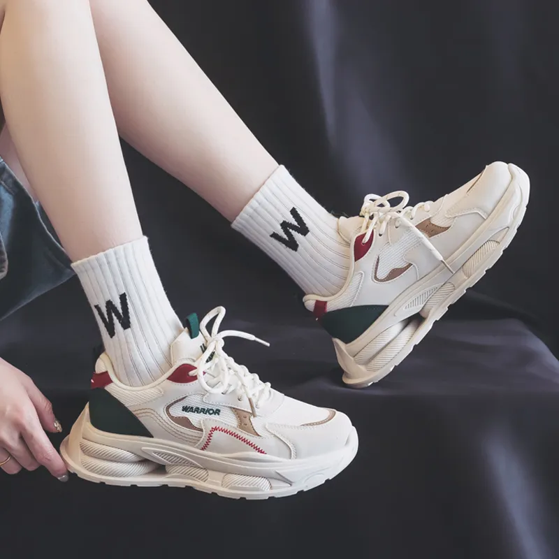 Warrior Students Platform Chunky Sneakers Wear resistant And Lightweight Low Top Casual Shoes Women's Beige Green Red-10
