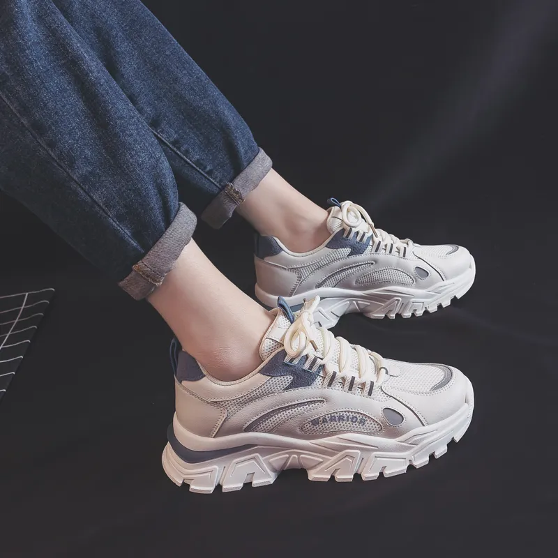 Warrior Abrasion Resistant Breathable Height Increasing Low Top Chunky Sneakers Unisex Beige Blue-10