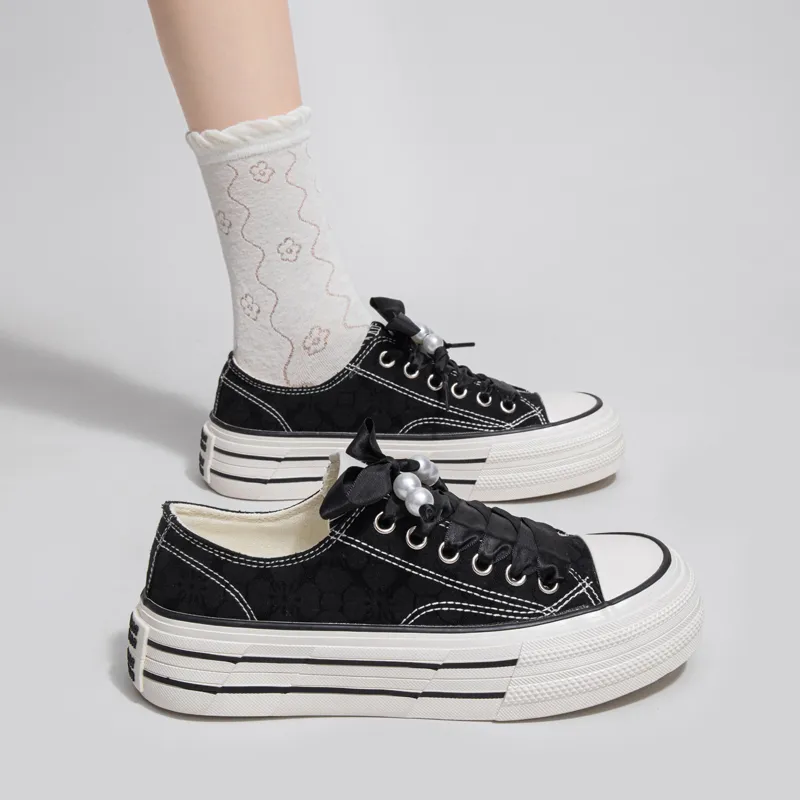 Warrior Platform White Sneakers Canvas Shoes Women's Black-7