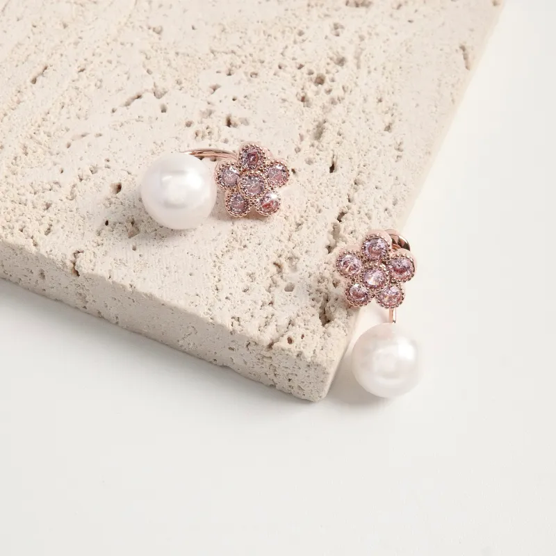 KEYS VIA Copper Alloy, Synthetic Cubic Zirconia, Faux Pearl, Silver Needle Stud Earrings Women's-3