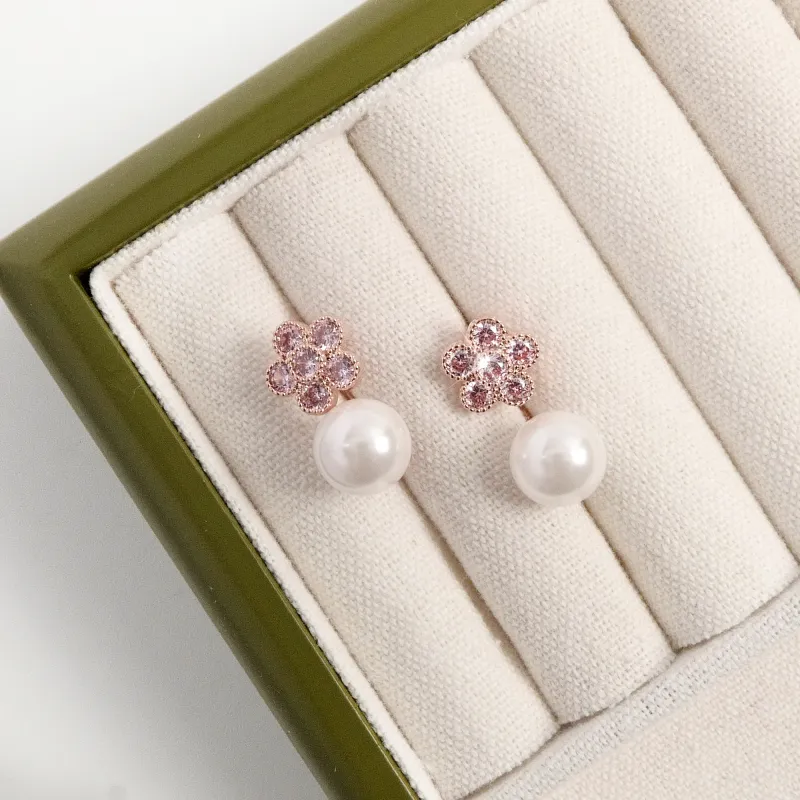 KEYS VIA Copper Alloy, Synthetic Cubic Zirconia, Faux Pearl, Silver Needle Stud Earrings Women's-4