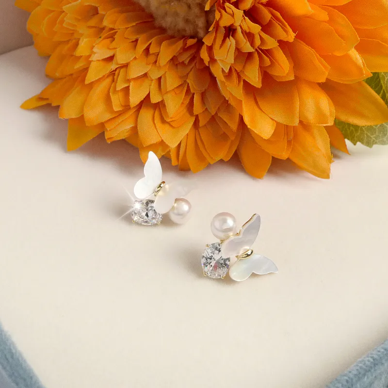 KEYS VIA Copper Alloy, Faux Pearl, Shell Beads, Synthetic Cubic Zirconia, Silver Needle Stud Earrings Women's-2