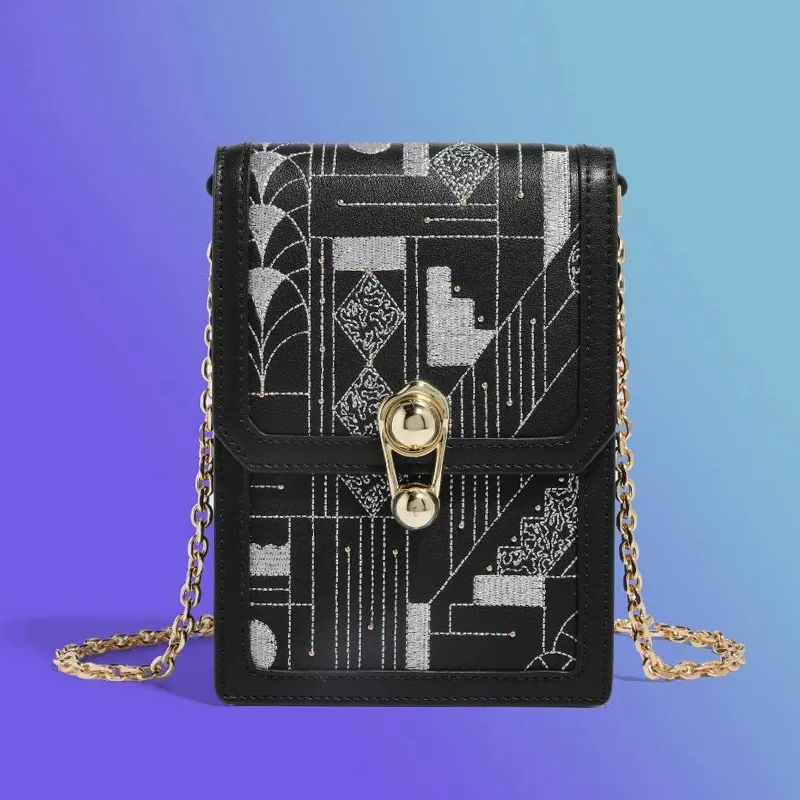 Forever Lucky Cow Leather Su Embroidery Fashion Versatile Cell Phone Pouch Women's Black-1