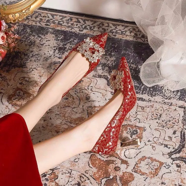 MXGM Chunky Heel High Heels 6CM Women's Red-2