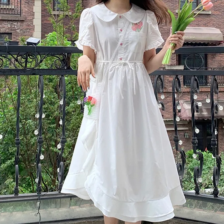 Udon House Short Sleeved Dress Women's White-2