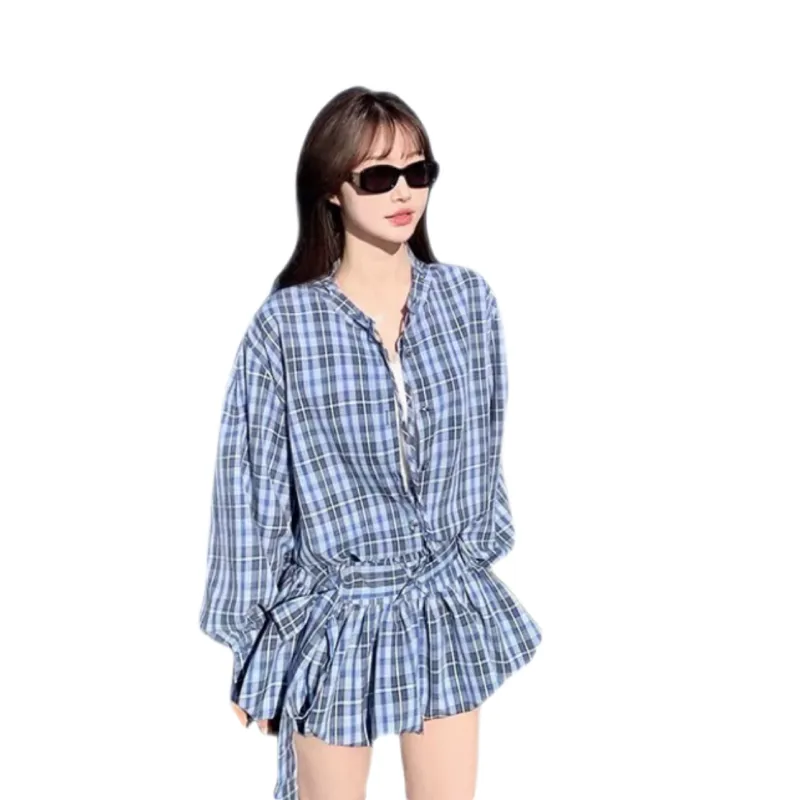 Udon House Skirt Set Women's Blue Plaid-2