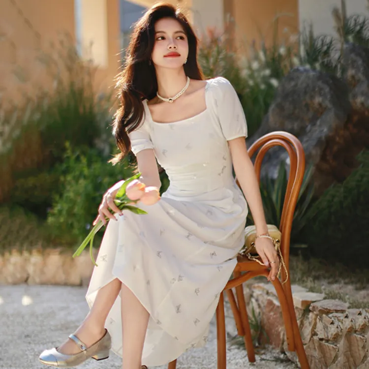 KUNZHUDAXIANG Short Sleeved Dress Women's White-4