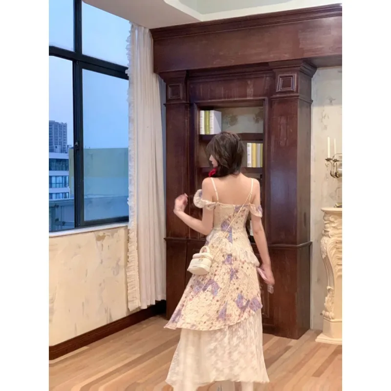Udon House Slip Dresses Women's Lace Fabric Irregular Long Skirt-3