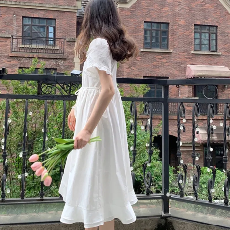 Udon House Short Sleeved Dress Women's White-4
