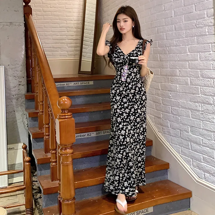 Vine Color Sleeveless Dress Women's Black-3