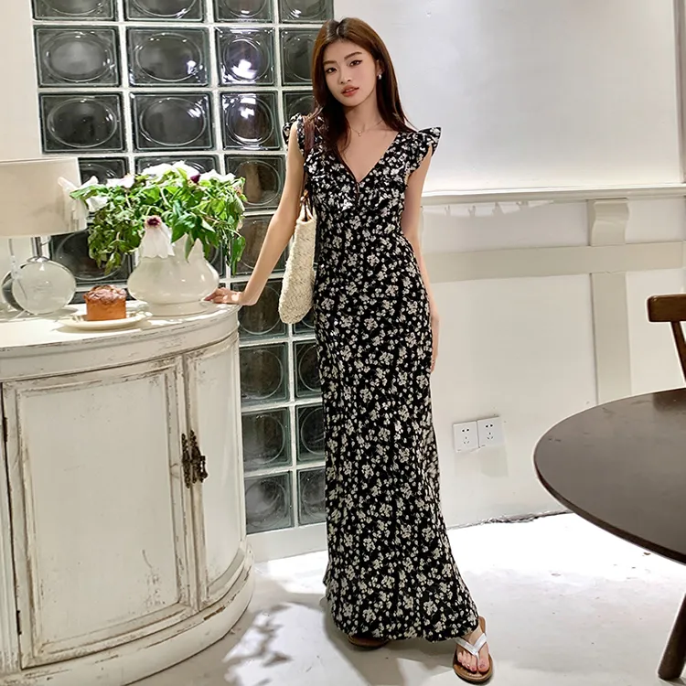 Vine Color Sleeveless Dress Women's Black-5