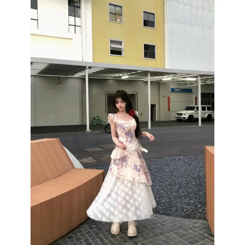 Udon House Slip Dresses Women's Lace Fabric Irregular Long Skirt-4