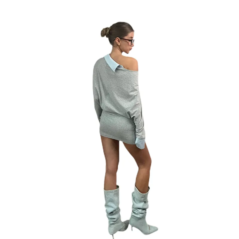 Udon House Long Sleeved Dress Women's Light Gray-0