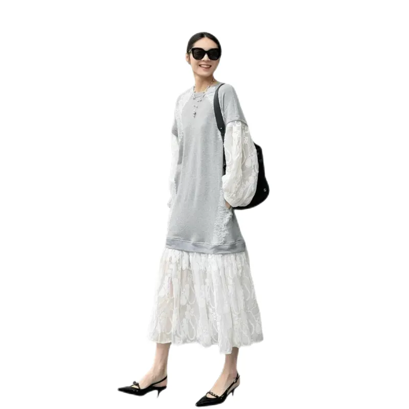 Udon House Long Sleeved Dress Women's Gray-1