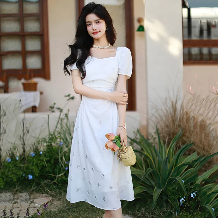KUNZHUDAXIANG Short Sleeved Dress Women's White-3