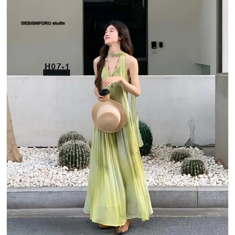 Udon House Slip Dresses Women's Green-2