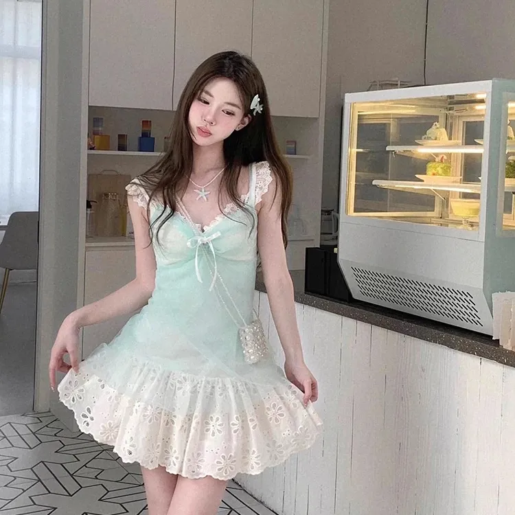 Udon House Slip Dresses Women's Ice Light White Green-1