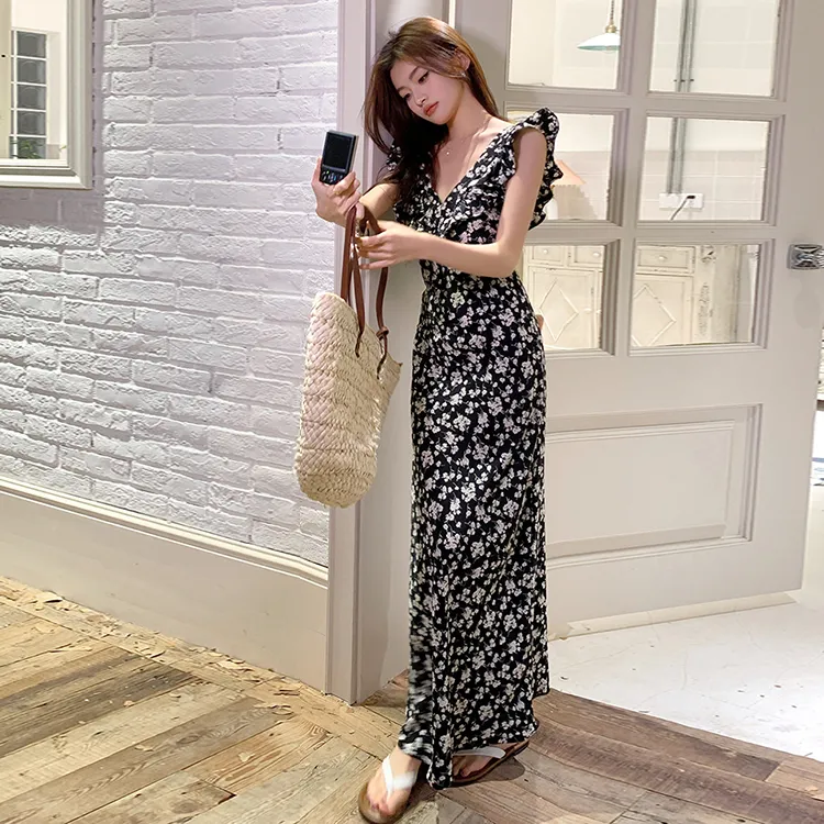 Vine Color Sleeveless Dress Women's Black-6