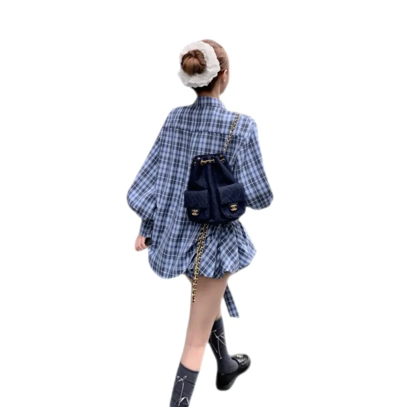 Udon House Skirt Set Women's Blue Plaid-1