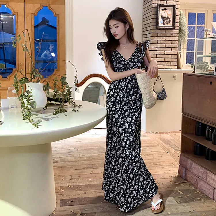 Vine Color Sleeveless Dress Women's Black-7