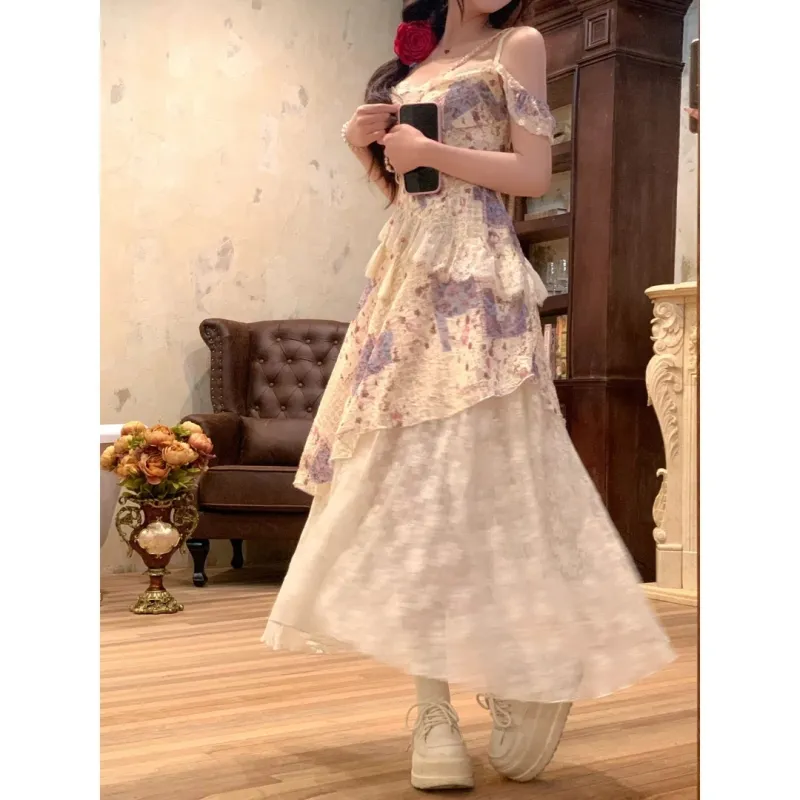 Udon House Slip Dresses Women's Lace Fabric Irregular Long Skirt-2