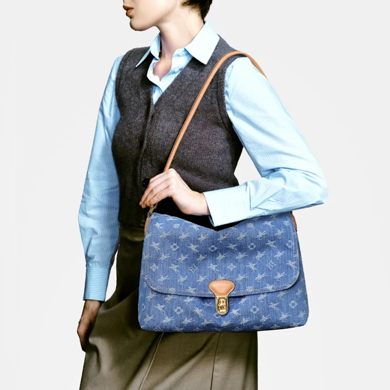 NUCELLE Fabric Denim Bag Shoulder Bag Crossbody Bag Medium Size Women's Tannin Blue/Twilight Black-2