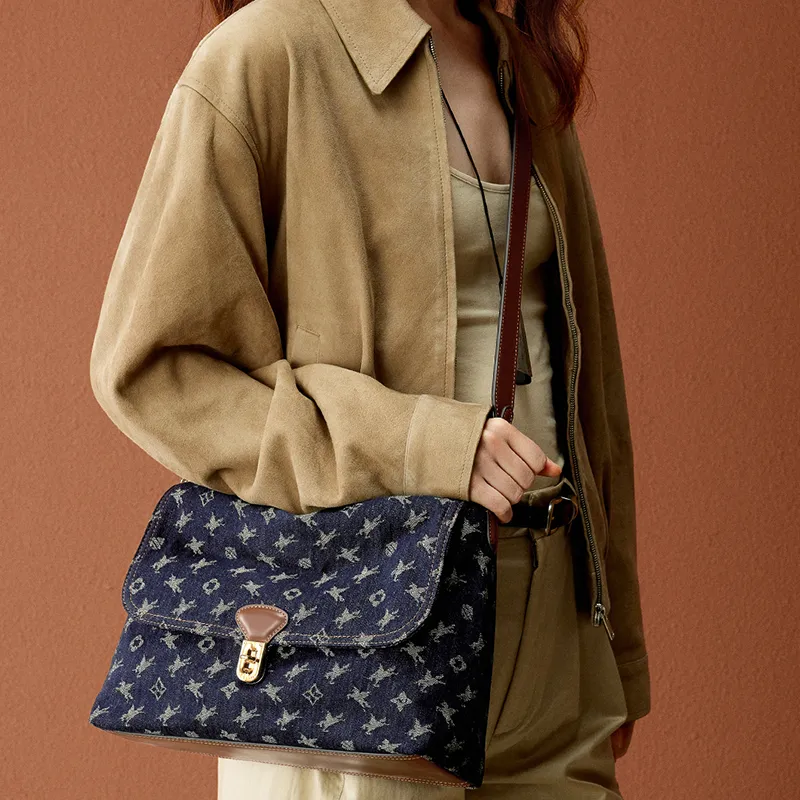 NUCELLE Fabric Denim Bag Shoulder Bag Crossbody Bag Medium Size Women's Tannin Blue/Twilight Black-9