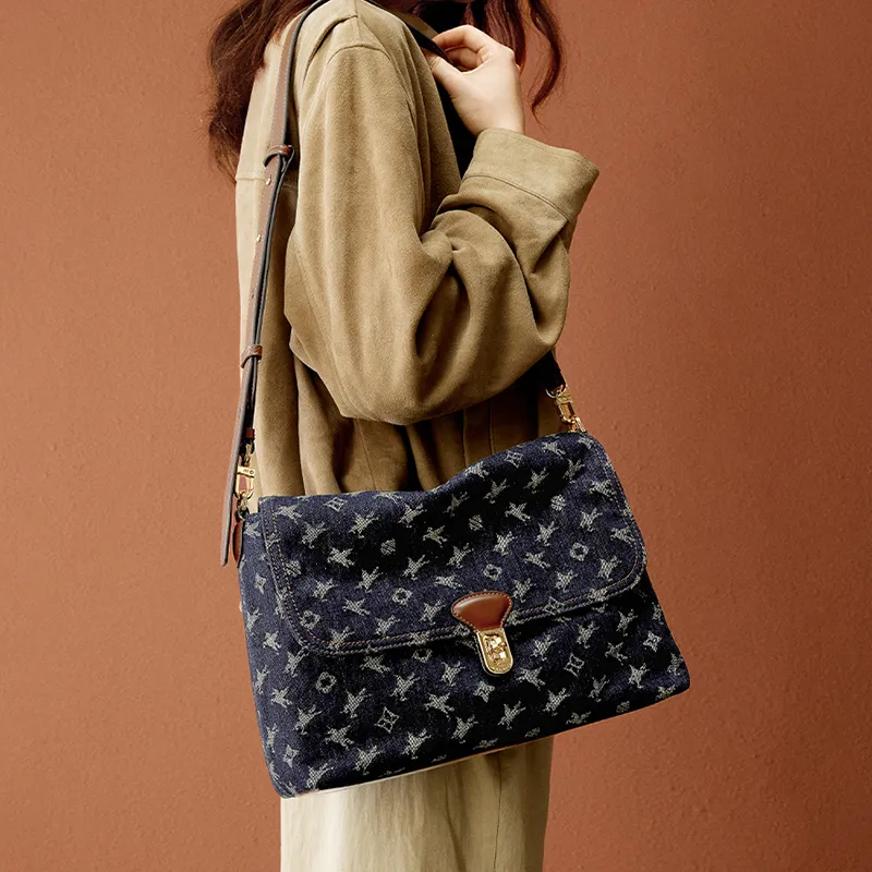 NUCELLE Fabric Denim Bag Shoulder Bag Crossbody Bag Medium Size Women's Tannin Blue/Twilight Black-10
