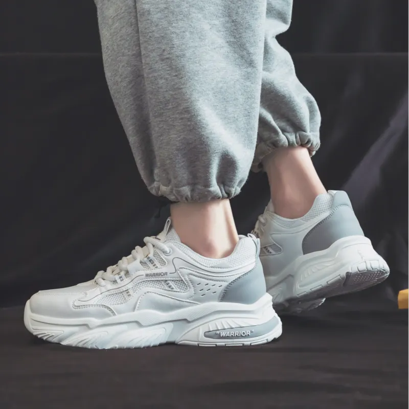 Warrior Breathable Abrasion Resistant Height Increasing Low Top Casual Shoes Men's White Gray-3