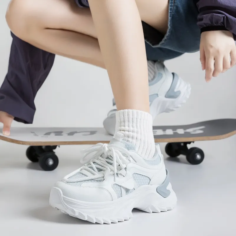 Warrior Breathable Lightweight Height Increasing Low Top Chunky Sneakers Women's White Light Gray Blue-4