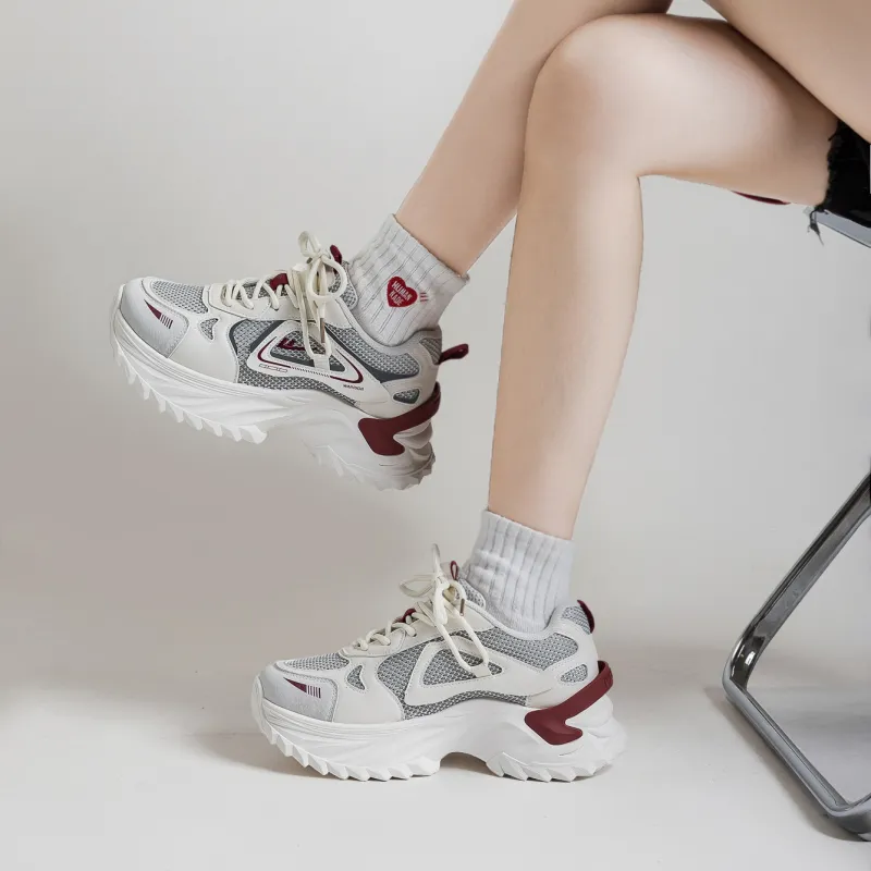 Warrior Lightweight Height Increasing Low Top Chunky Sneakers Women's Beige Black Burgundy-6