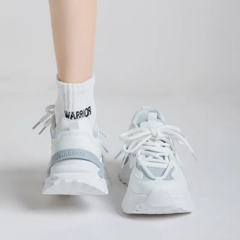 Warrior Breathable Lightweight Height Increasing Low Top Chunky Sneakers Women's White Light Gray Blue-5