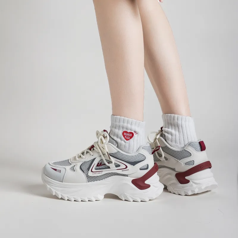 Warrior Lightweight Height Increasing Low Top Chunky Sneakers Women's Beige Black Burgundy-5
